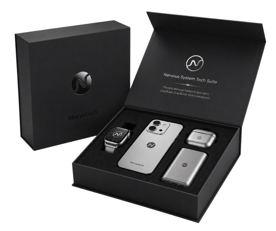 Nervetech TechSuite gift box, with N80 Electrum 5G, V80 Smart Watch, and E80 Earbuds